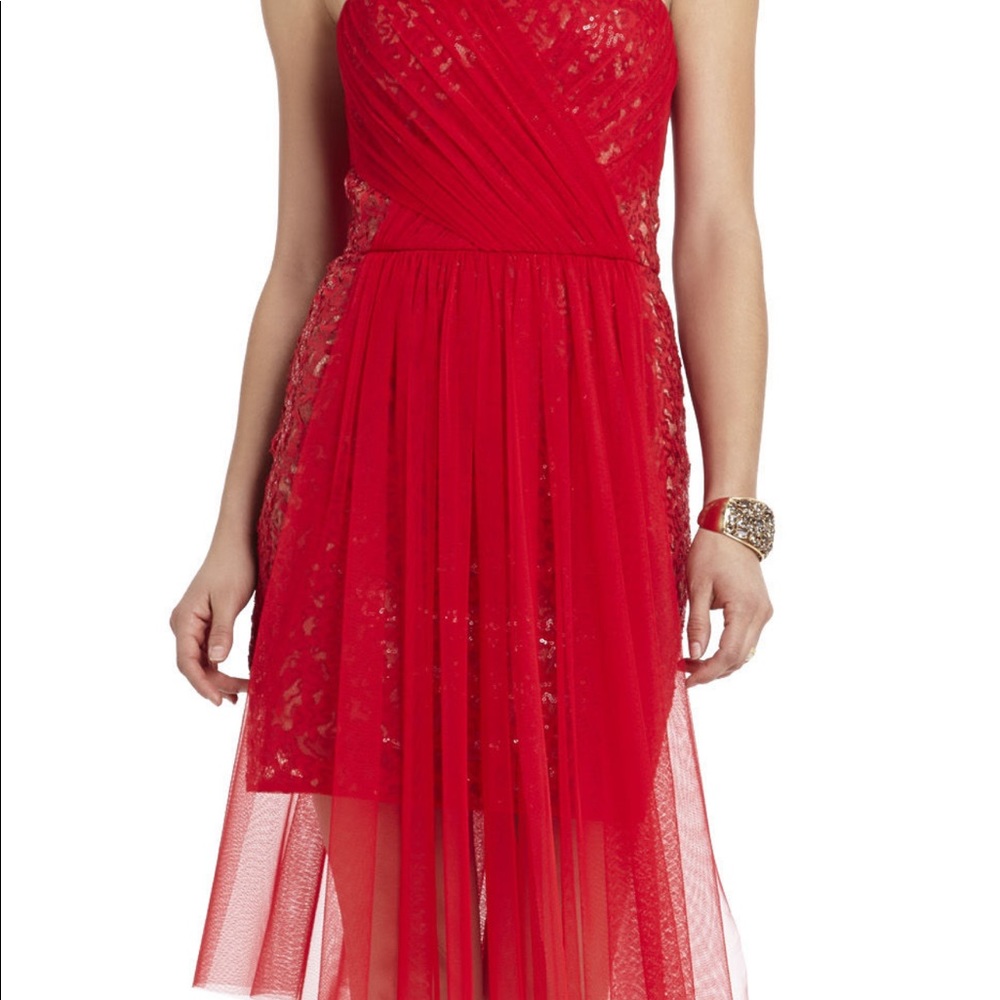 BCBG red strapless Lace, Tulle and Sequin beautiful dress. Great condition